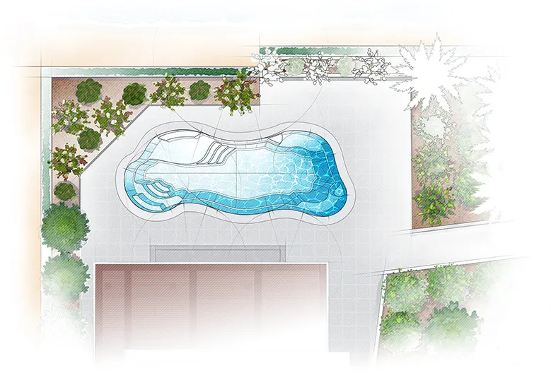 ArchRender_Aria-TopHalf Aviva Pools The Aria fiberglass pool aerial view