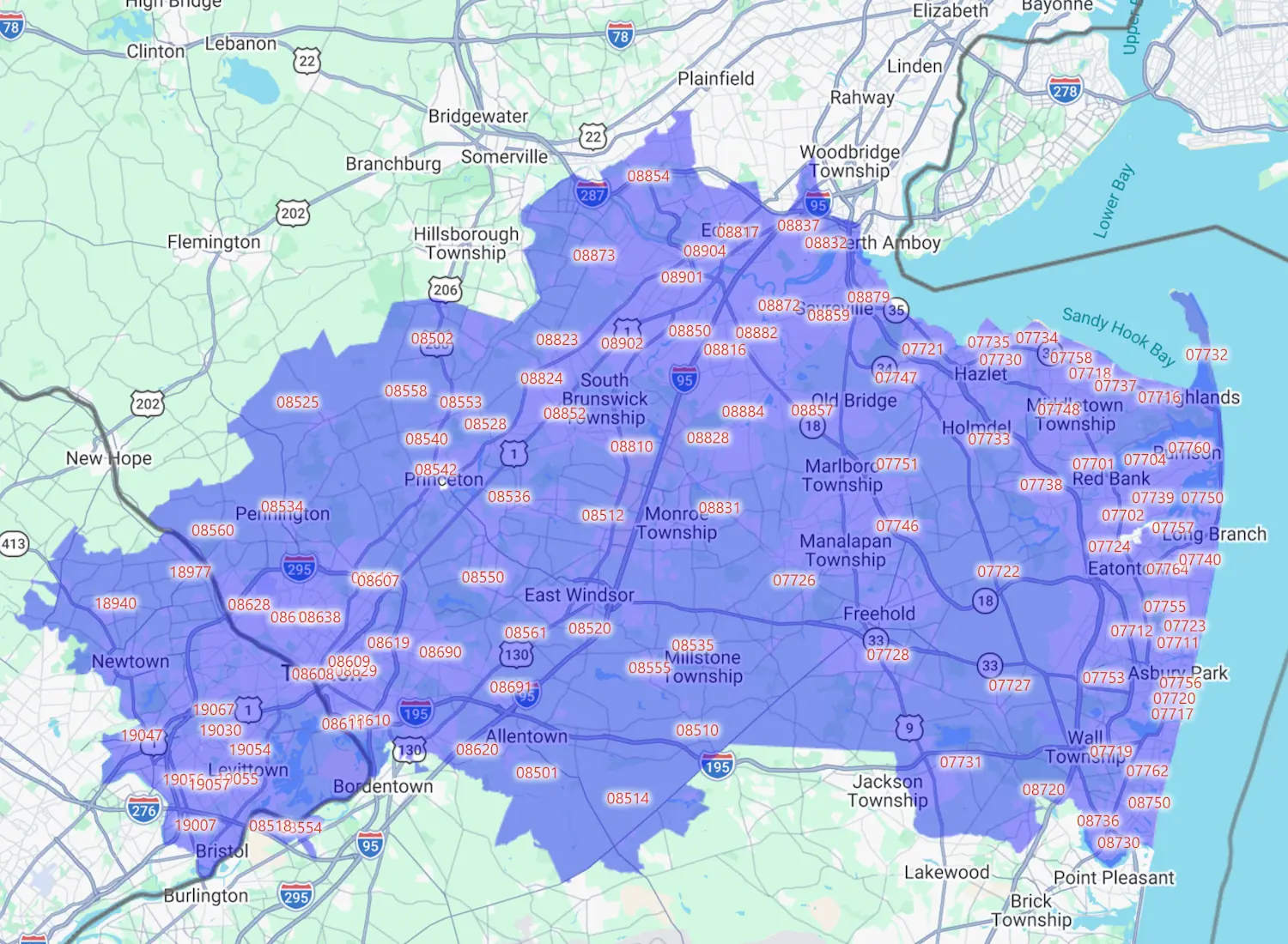 Service area of Precision Fiberglass Pools: Ocean County, NJ